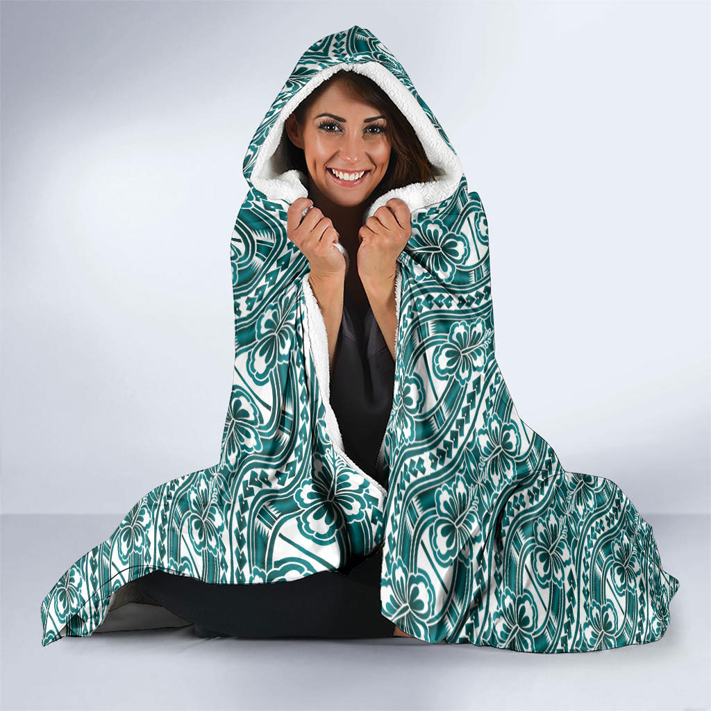 Hibiscus Bloom Island Tribal Waves Hooded Blanket Teal Polynesian Pattern