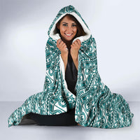 Hibiscus Bloom Island Tribal Waves Hooded Blanket Teal Polynesian Pattern
