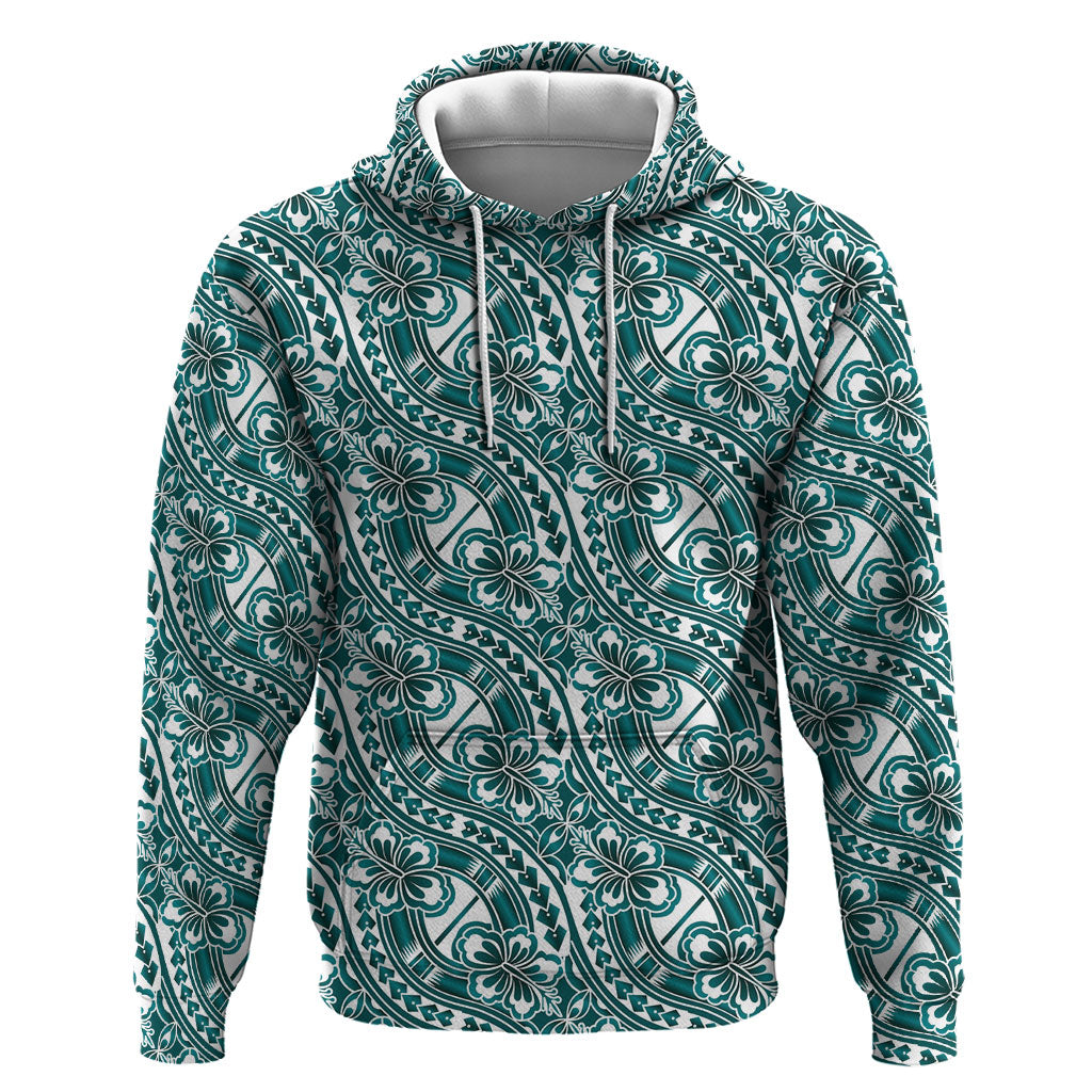 Hibiscus Bloom Island Tribal Waves Hoodie Teal Polynesian Pattern LT01 Pullover Hoodie Teal - Polynesian Pride