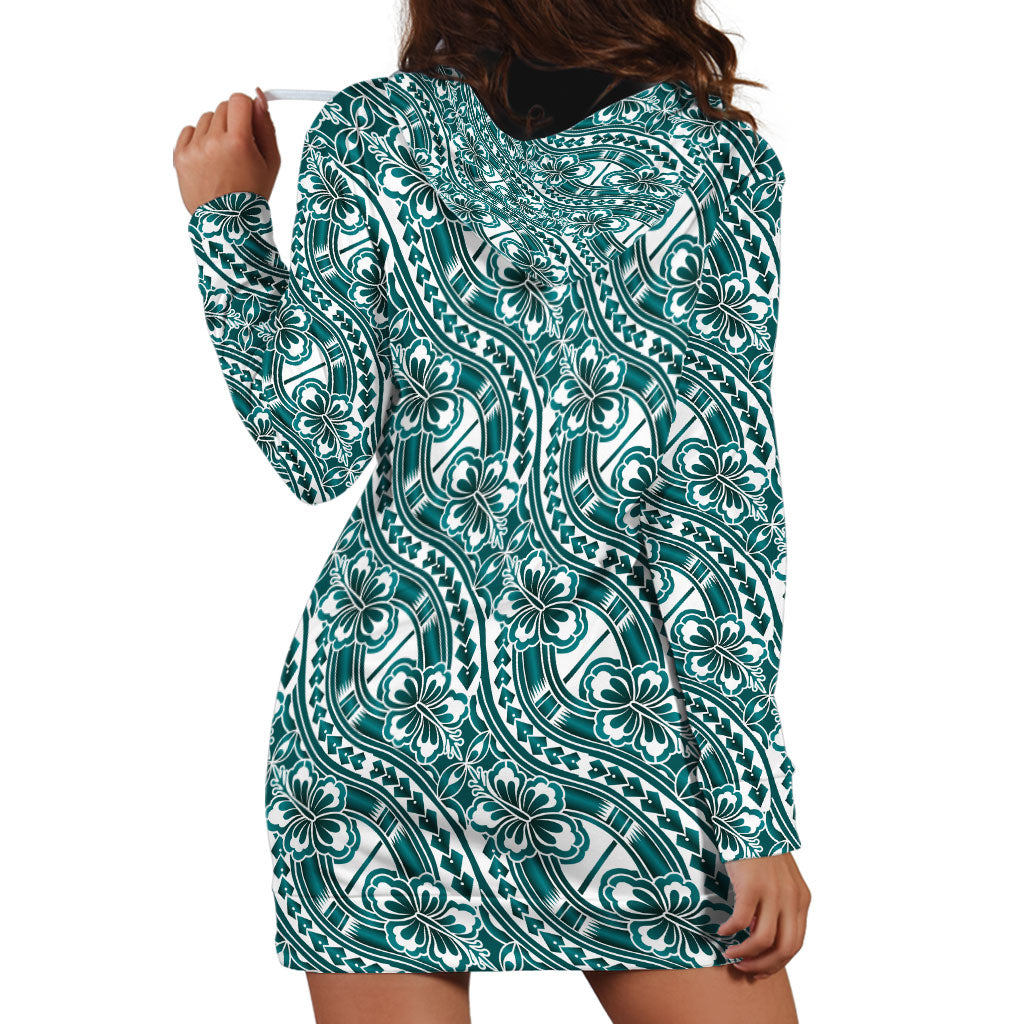 Hibiscus Bloom Island Tribal Waves Hoodie Dress Teal Polynesian Pattern LT01 - Polynesian Pride