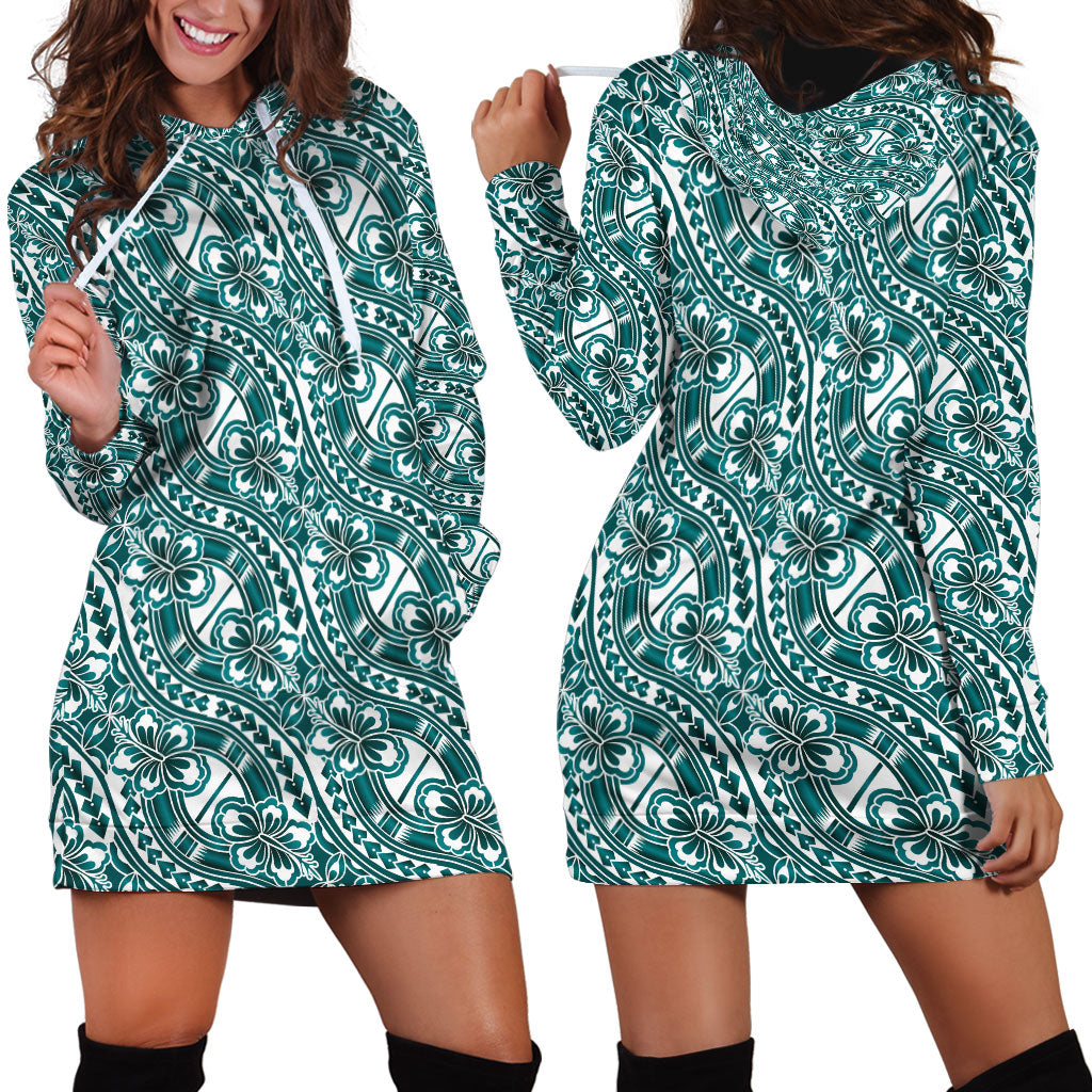 Hibiscus Bloom Island Tribal Waves Hoodie Dress Teal Polynesian Pattern LT01 - Polynesian Pride