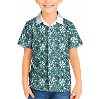 Hibiscus Bloom Island Tribal Waves Kid Hawaiian Shirt Teal Polynesian Pattern