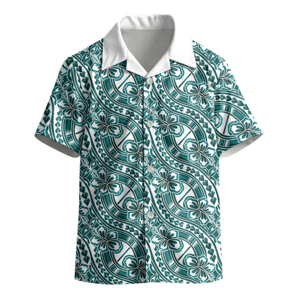 Hibiscus Bloom Island Tribal Waves Kid Hawaiian Shirt Teal Polynesian Pattern