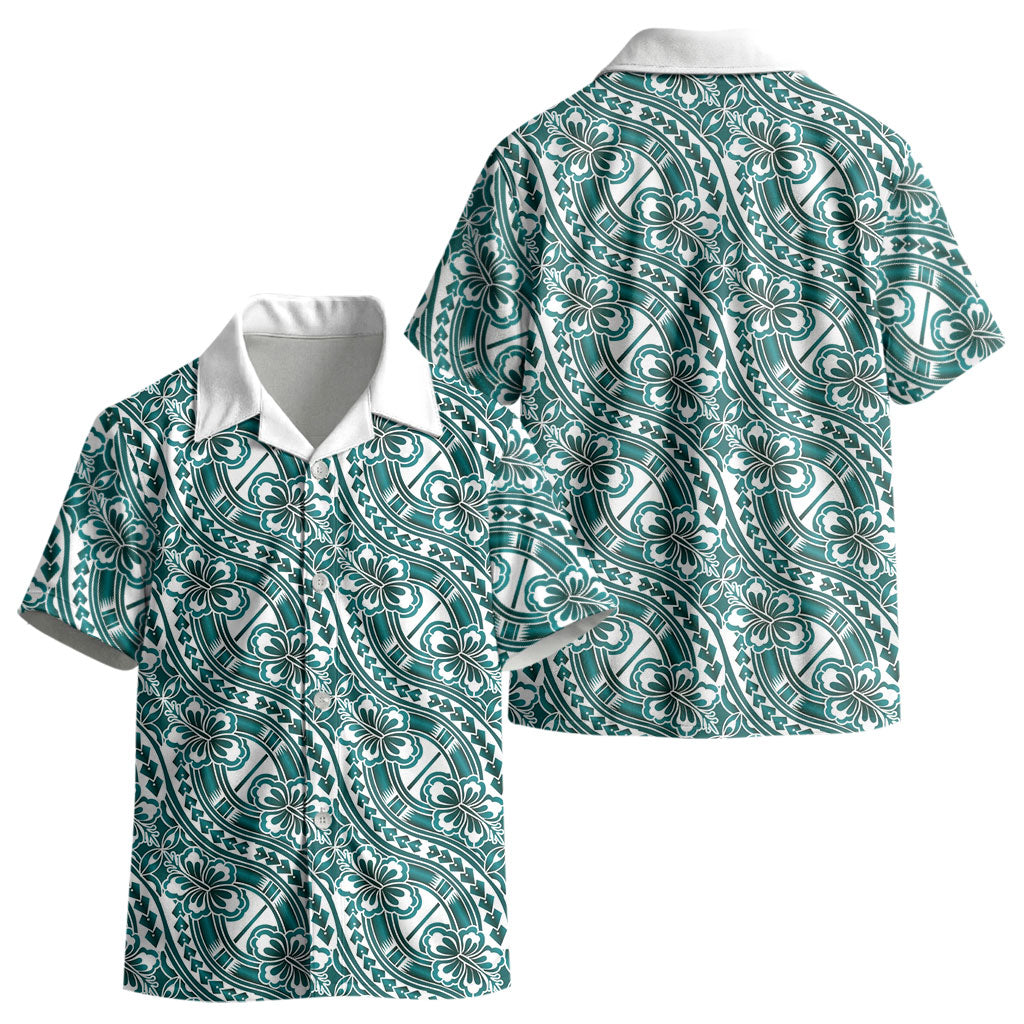 Hibiscus Bloom Island Tribal Waves Kid Hawaiian Shirt Teal Polynesian Pattern