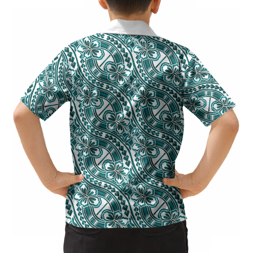 Hibiscus Bloom Island Tribal Waves Kid Hawaiian Shirt Teal Polynesian Pattern