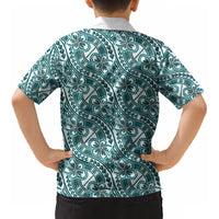 Hibiscus Bloom Island Tribal Waves Kid Hawaiian Shirt Teal Polynesian Pattern
