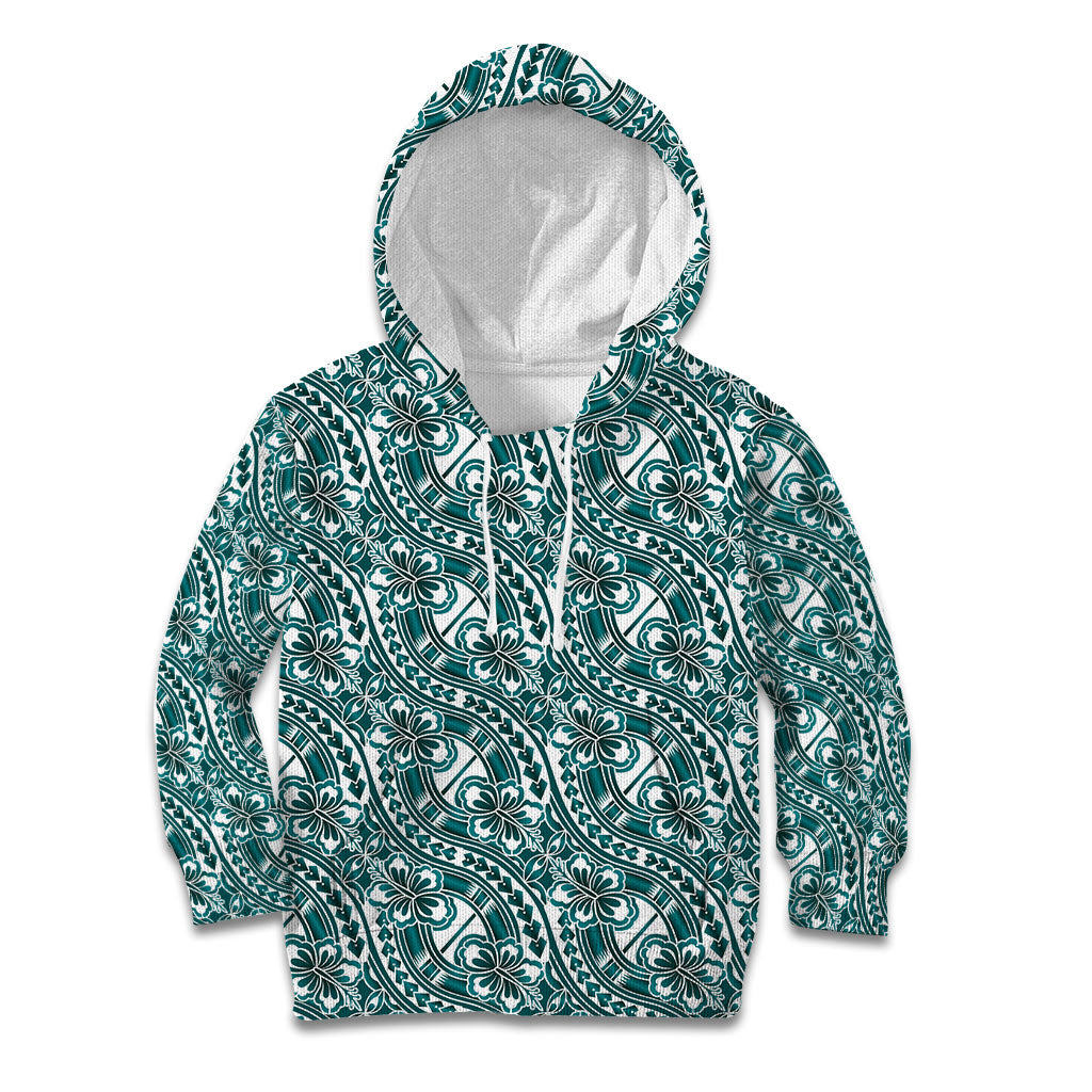 Hibiscus Bloom Island Tribal Waves Kid Hoodie Teal Polynesian Pattern