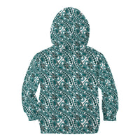 Hibiscus Bloom Island Tribal Waves Kid Hoodie Teal Polynesian Pattern