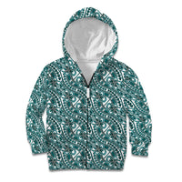 Hibiscus Bloom Island Tribal Waves Kid Hoodie Teal Polynesian Pattern