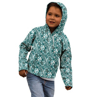 Hibiscus Bloom Island Tribal Waves Kid Hoodie Teal Polynesian Pattern