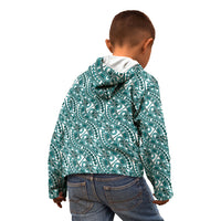 Hibiscus Bloom Island Tribal Waves Kid Hoodie Teal Polynesian Pattern