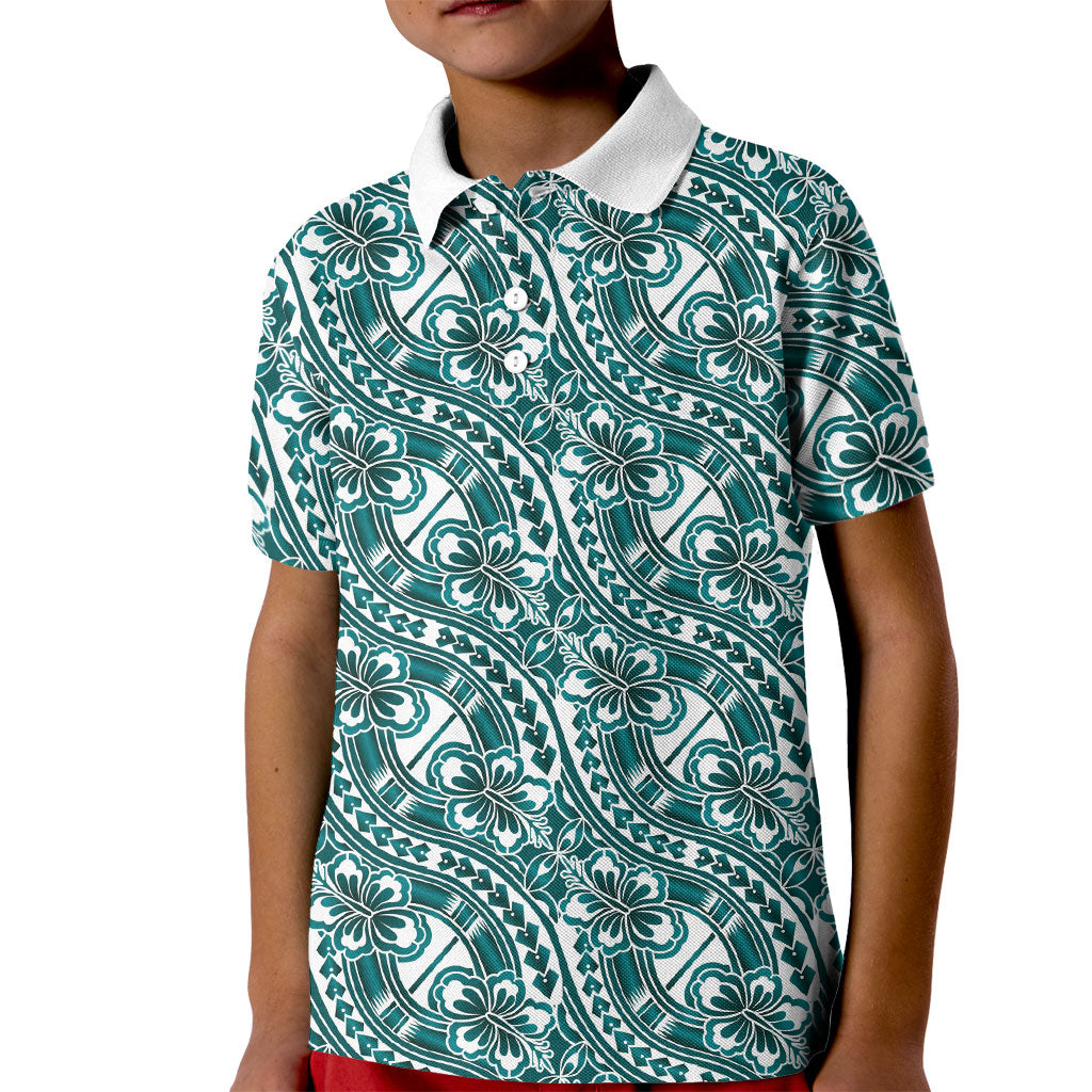 Hibiscus Bloom Island Tribal Waves Kid Polo Shirt Teal Polynesian Pattern