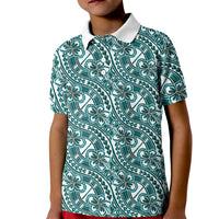 Hibiscus Bloom Island Tribal Waves Kid Polo Shirt Teal Polynesian Pattern