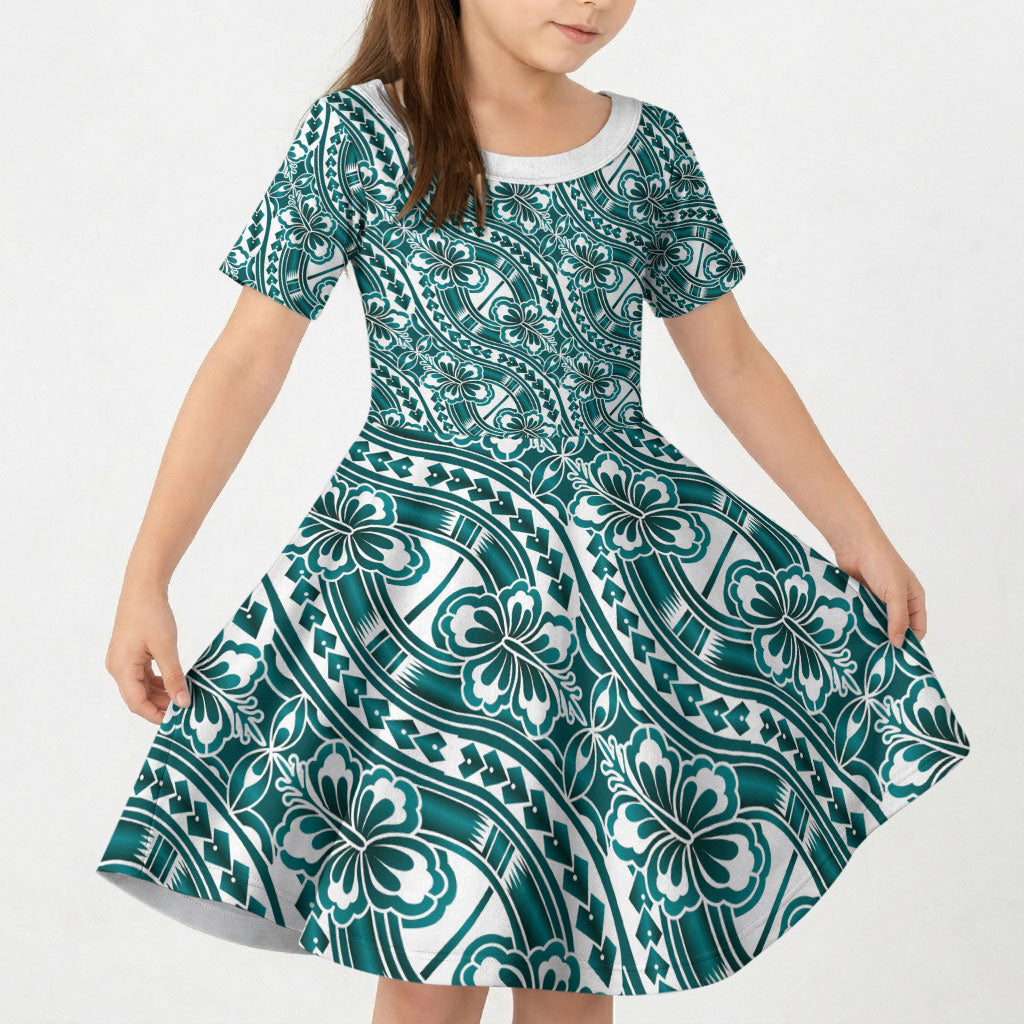 Hibiscus Bloom Island Tribal Waves Kid Short Sleeve Dress Teal Polynesian Pattern LT01 KID Teal - Polynesian Pride