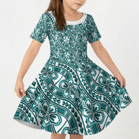 Hibiscus Bloom Island Tribal Waves Kid Short Sleeve Dress Teal Polynesian Pattern LT01 KID Teal - Polynesian Pride