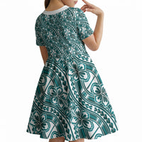 Hibiscus Bloom Island Tribal Waves Kid Short Sleeve Dress Teal Polynesian Pattern LT01 - Polynesian Pride