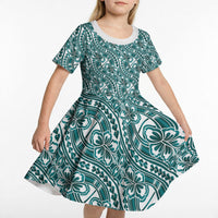 Hibiscus Bloom Island Tribal Waves Kid Short Sleeve Dress Teal Polynesian Pattern LT01 - Polynesian Pride