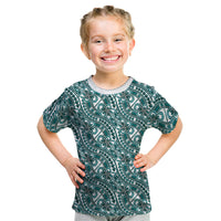 Hibiscus Bloom Island Tribal Waves Kid T Shirt Teal Polynesian Pattern