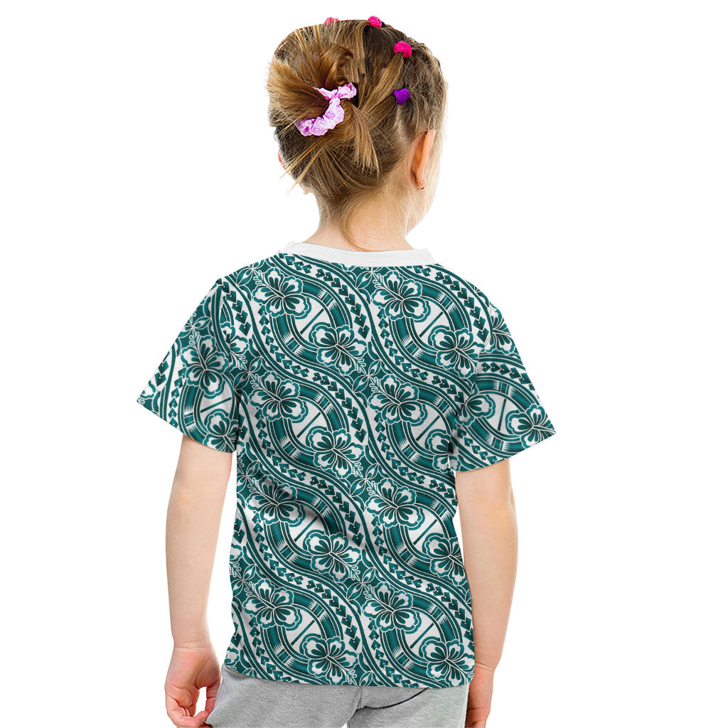 Hibiscus Bloom Island Tribal Waves Kid T Shirt Teal Polynesian Pattern