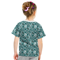 Hibiscus Bloom Island Tribal Waves Kid T Shirt Teal Polynesian Pattern