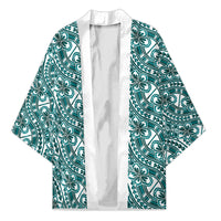 Hibiscus Bloom Island Tribal Waves Kimono Teal Polynesian Pattern