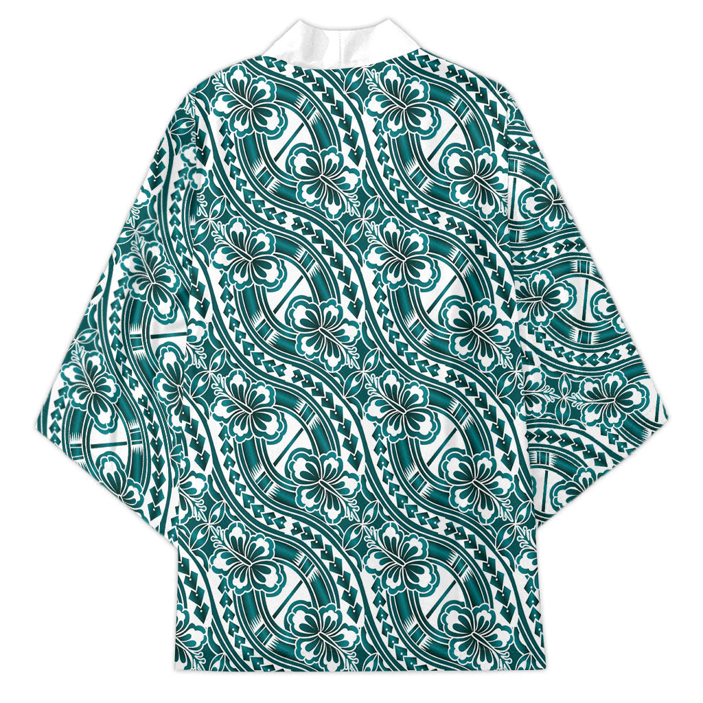 Hibiscus Bloom Island Tribal Waves Kimono Teal Polynesian Pattern