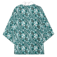 Hibiscus Bloom Island Tribal Waves Kimono Teal Polynesian Pattern