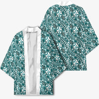 Hibiscus Bloom Island Tribal Waves Kimono Teal Polynesian Pattern