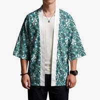 Hibiscus Bloom Island Tribal Waves Kimono Teal Polynesian Pattern