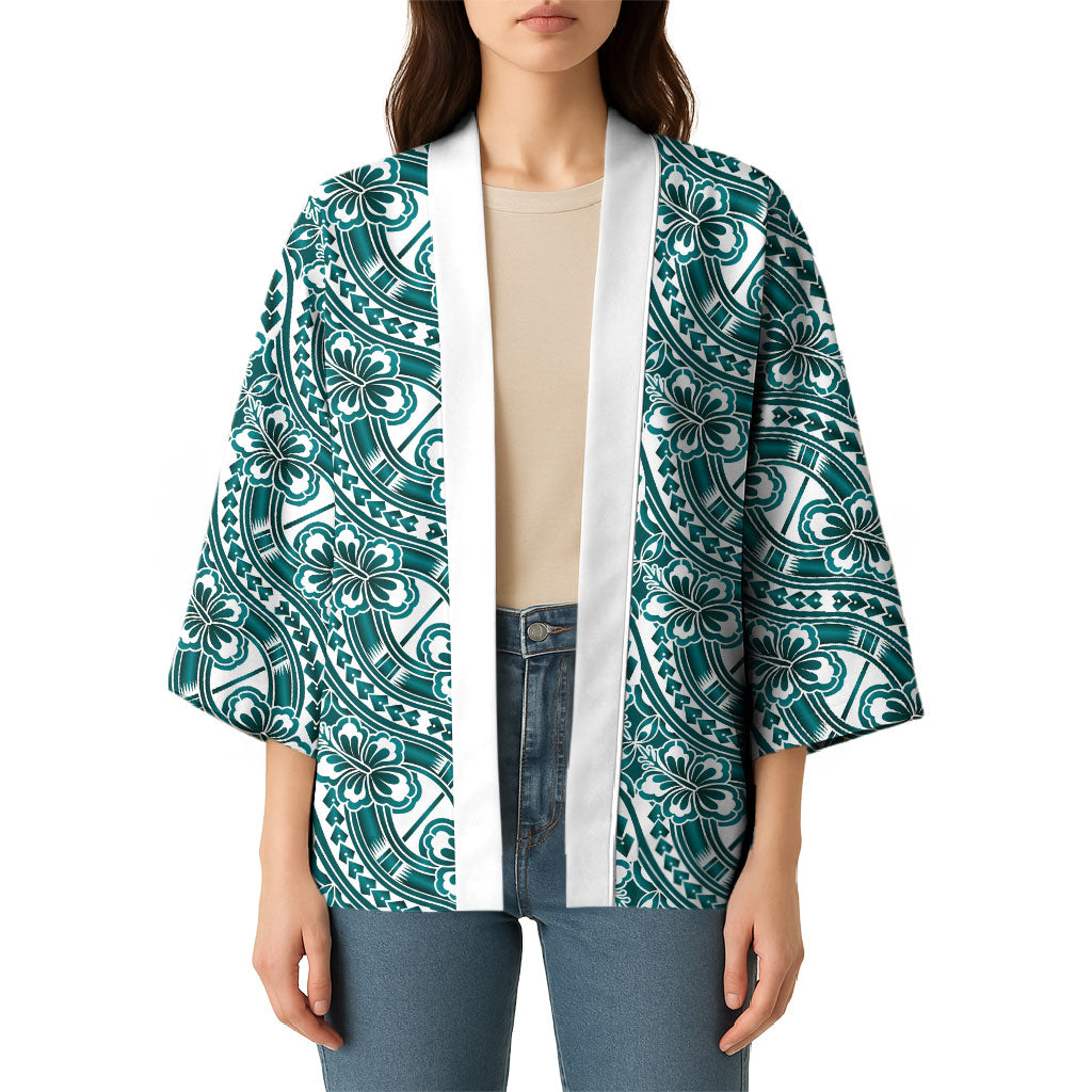 Hibiscus Bloom Island Tribal Waves Kimono Teal Polynesian Pattern