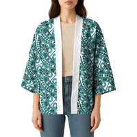 Hibiscus Bloom Island Tribal Waves Kimono Teal Polynesian Pattern
