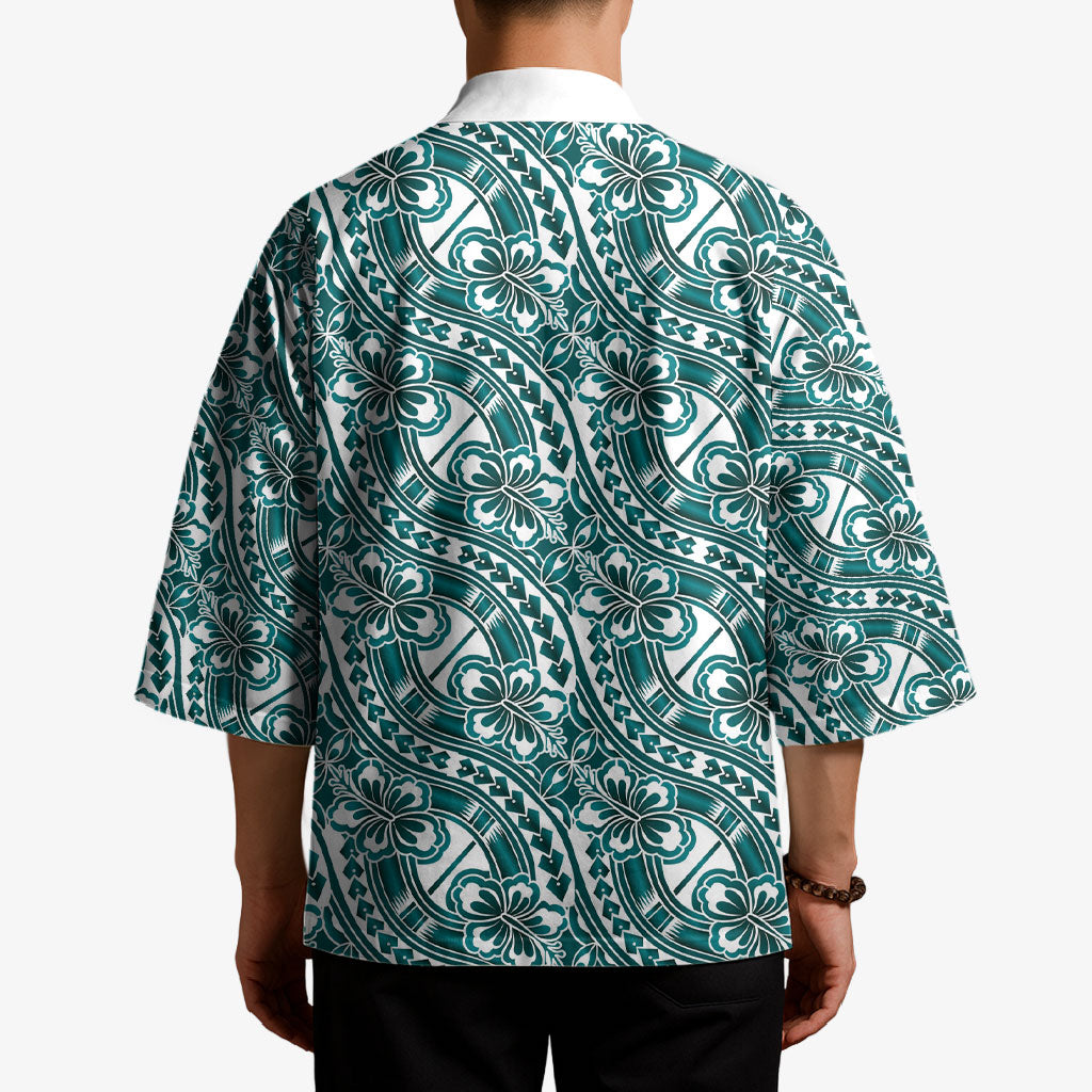 Hibiscus Bloom Island Tribal Waves Kimono Teal Polynesian Pattern