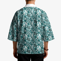 Hibiscus Bloom Island Tribal Waves Kimono Teal Polynesian Pattern