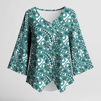 Hibiscus Bloom Island Tribal Waves Kimono Sleeve Blouse Teal Polynesian Pattern
