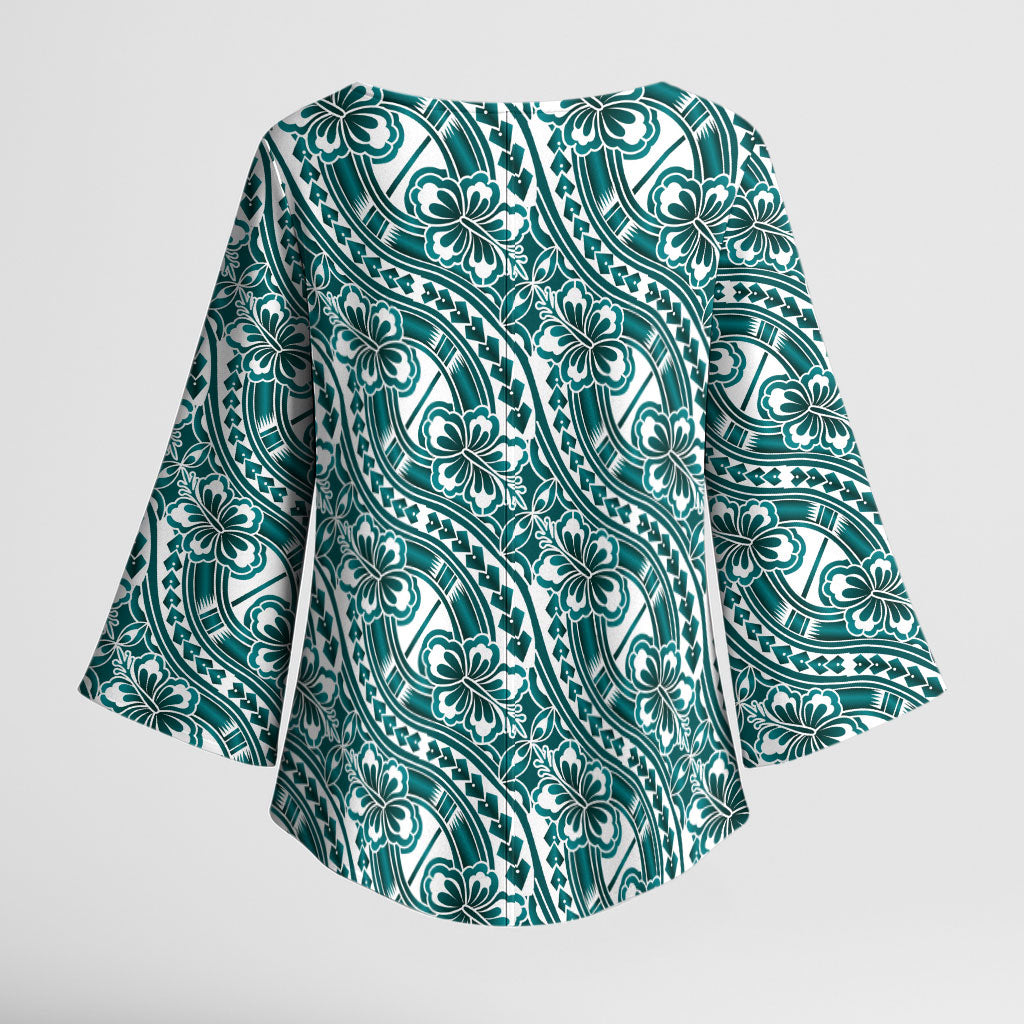Hibiscus Bloom Island Tribal Waves Kimono Sleeve Blouse Teal Polynesian Pattern
