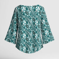 Hibiscus Bloom Island Tribal Waves Kimono Sleeve Blouse Teal Polynesian Pattern