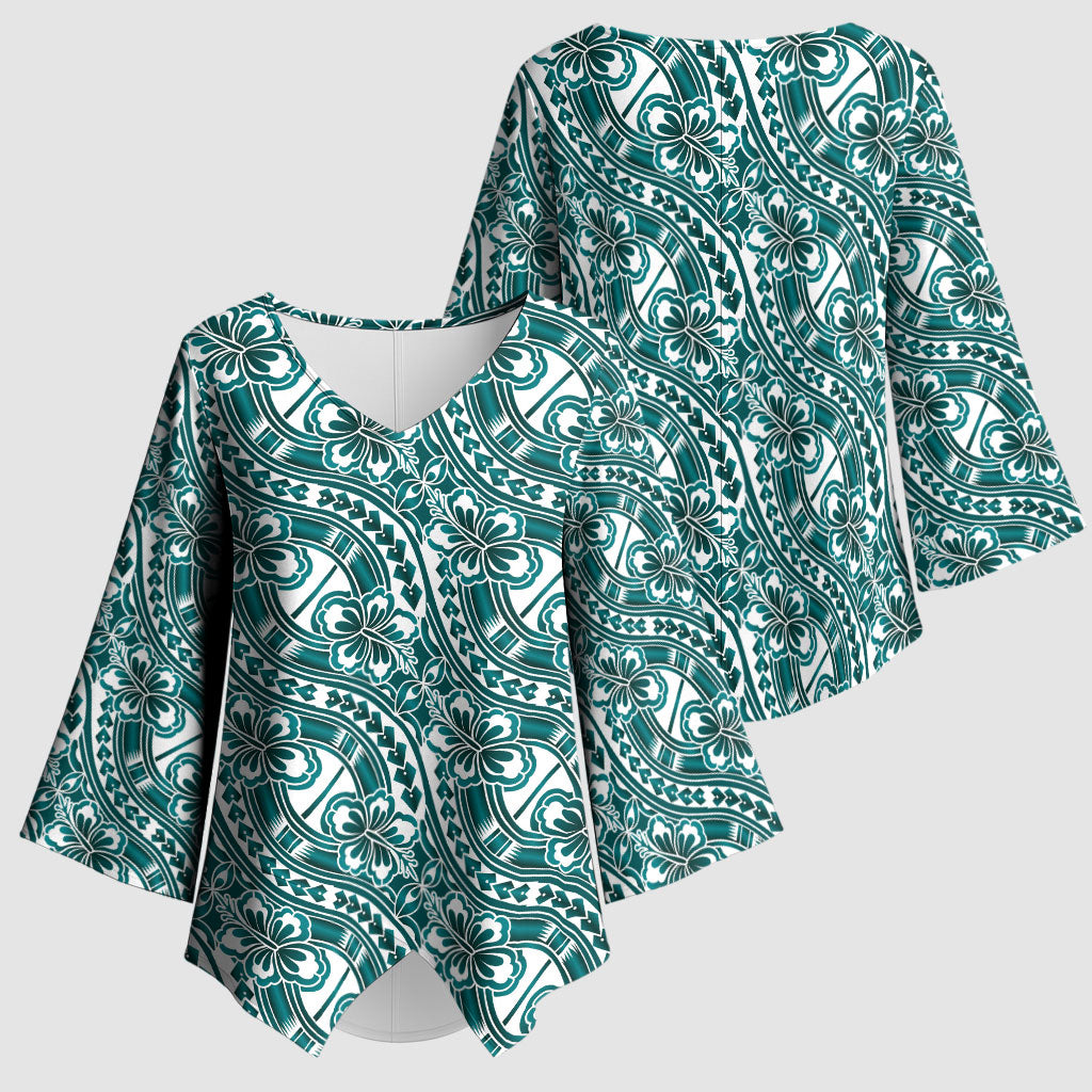 Hibiscus Bloom Island Tribal Waves Kimono Sleeve Blouse Teal Polynesian Pattern