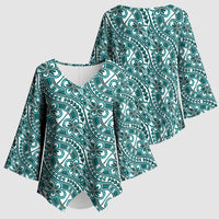 Hibiscus Bloom Island Tribal Waves Kimono Sleeve Blouse Teal Polynesian Pattern