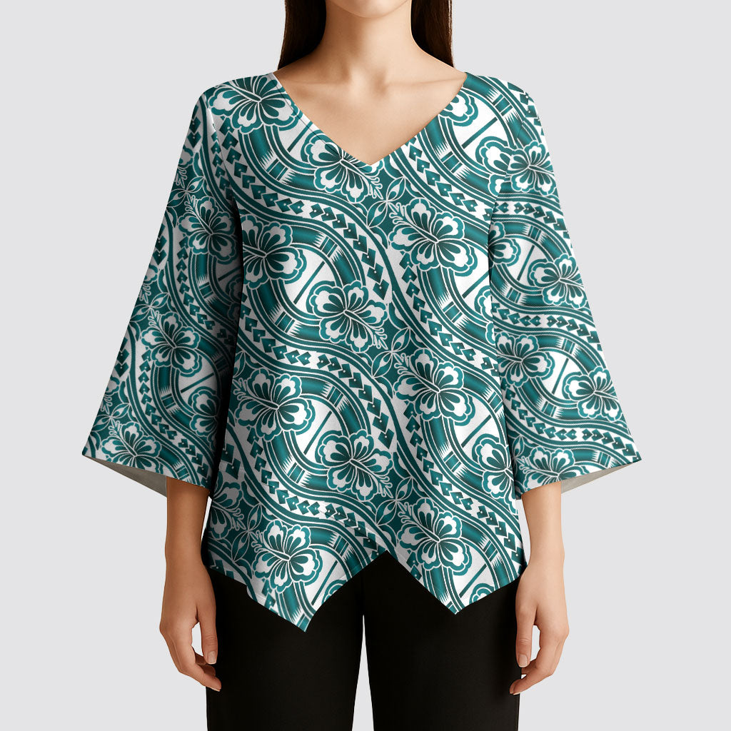 Hibiscus Bloom Island Tribal Waves Kimono Sleeve Blouse Teal Polynesian Pattern