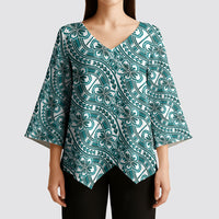Hibiscus Bloom Island Tribal Waves Kimono Sleeve Blouse Teal Polynesian Pattern