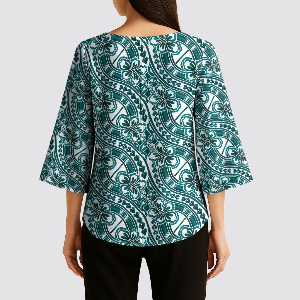 Hibiscus Bloom Island Tribal Waves Kimono Sleeve Blouse Teal Polynesian Pattern