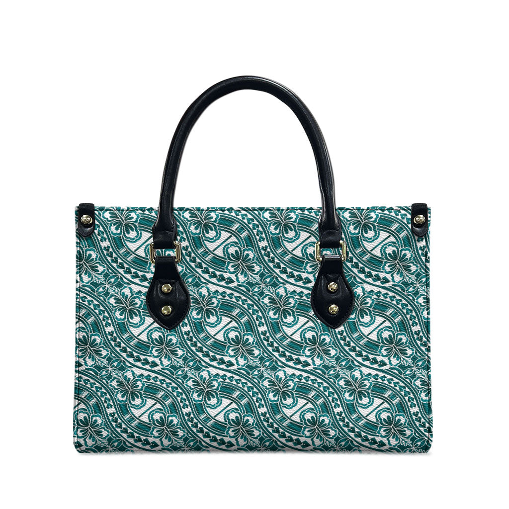 Hibiscus Bloom Island Tribal Waves Leather Bag Teal Polynesian Pattern