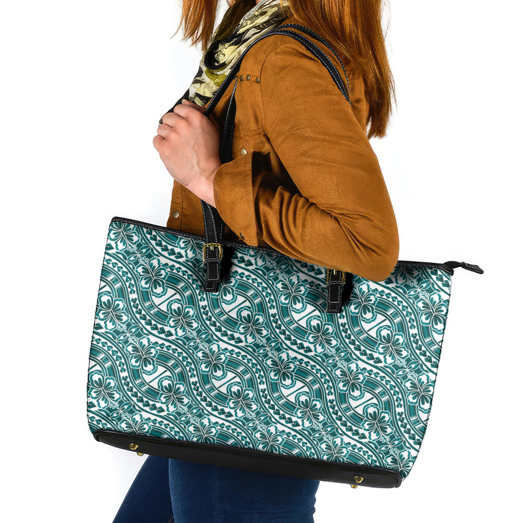 Hibiscus Bloom Island Tribal Waves Leather Tote Bag Teal Polynesian Pattern