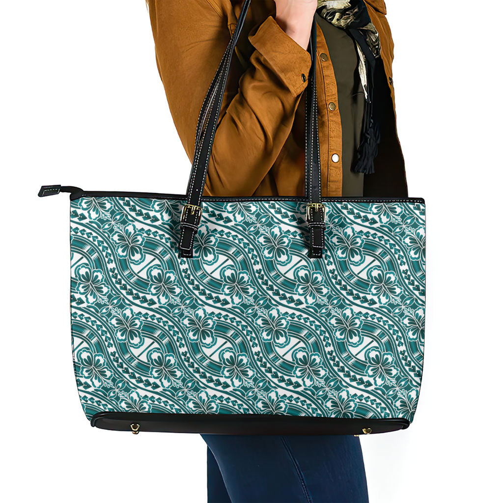 Hibiscus Bloom Island Tribal Waves Leather Tote Bag Teal Polynesian Pattern