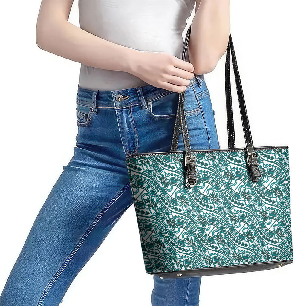 Hibiscus Bloom Island Tribal Waves Leather Tote Bag Teal Polynesian Pattern