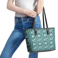 Hibiscus Bloom Island Tribal Waves Leather Tote Bag Teal Polynesian Pattern