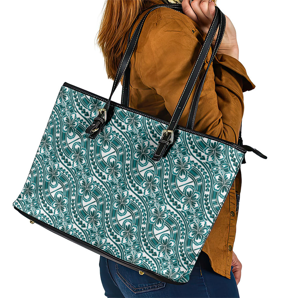 Hibiscus Bloom Island Tribal Waves Leather Tote Bag Teal Polynesian Pattern
