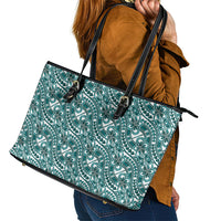 Hibiscus Bloom Island Tribal Waves Leather Tote Bag Teal Polynesian Pattern