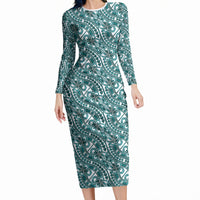 Hibiscus Bloom Island Tribal Waves Long Sleeve Bodycon Dress Teal Polynesian Pattern