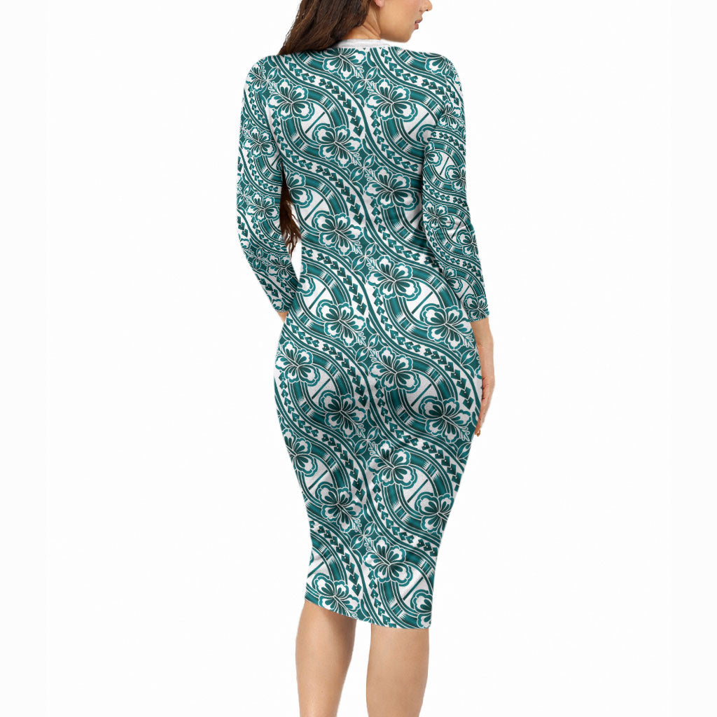 Hibiscus Bloom Island Tribal Waves Long Sleeve Bodycon Dress Teal Polynesian Pattern
